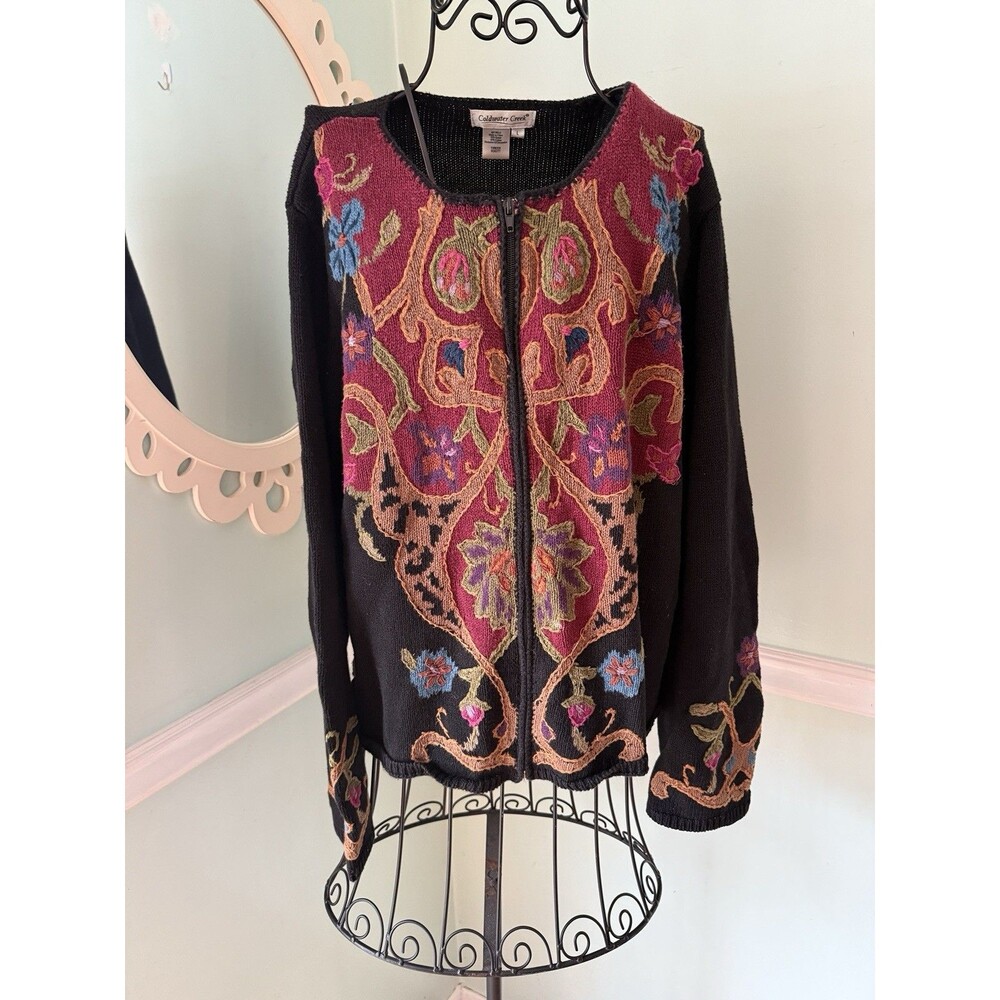 Vintage Coldwater Creek Cardigan Sweater Full Zip Sz L Embroidered Boho‎ Artsy